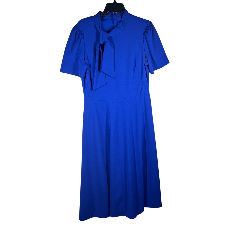 London Style Collection Cobalt Blue Bow‎ Neck Short Sleeve Flare Dress Sz 10 NEW
